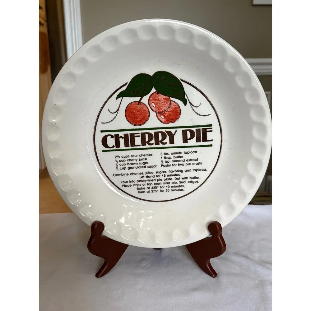 Vintage Cherry Pie Recipe Plate Scalloped Ceramic Dish 10 inch Made in Korea